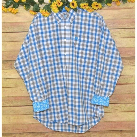 Cinch Men's L Blue Plaid Button Front Western Shirt Contrast Cuffs Cotton Cowboy - Picture 1 of 10
